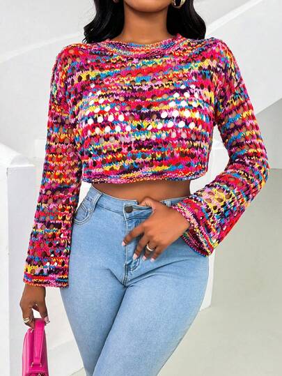 Chiquease Allover Print Hollow Sheer Crew Neck Long Sleeve Cropped Sweater Top