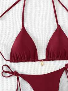 Swim Basics Women's Burgundy Halter Tie Triangle Bikini Set,Summer Casual Beach Holiday Vacation Holiday Solid Color Modest Swimwear Set - Burgundy - View 5