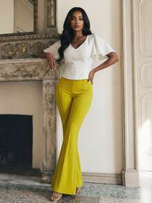 Anewsta Women's Minimalist Commuter Jacquard Ruffle Sleeve V-Neck Tight Top, Summer - White - View 5