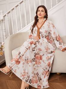 Al Najma Đầm maxi dáng xòe cổ chữ V in hoa kiểu Thổ Nhĩ Kỳ dành cho nữ cỡ lớn, thích hợp cho mùa xuân/thu. - trái cam - Xem 6
