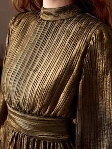 MOTF PREMIUM FASHIONABLE METALLIC GLITTER PLEATED TEXTURE LANTERN SLEEVE RUCHED MINI DRESS - Gold - View 3