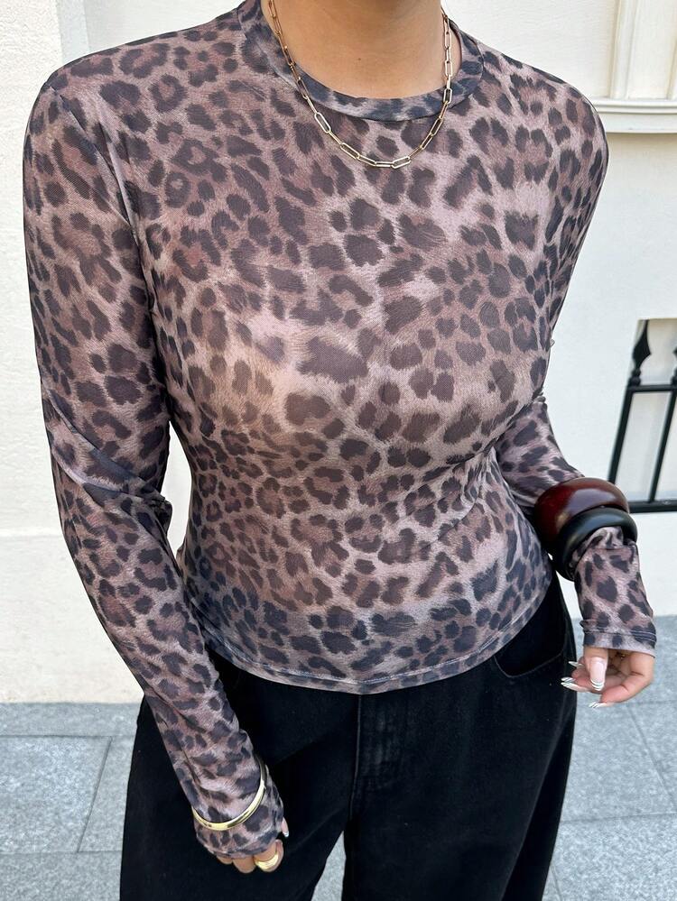 Dazy Plus Stretchy Fitted Leopard Print Crew Neck Long Sleeve Cropped Street Style Top For Women, Spring/Summer