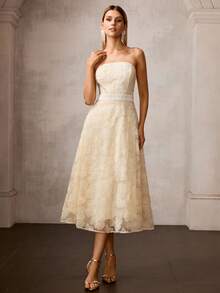 MOTF Soiréza VESTIDO TUBO CON SUPERPOSICIÓN DE MALLA CON PATRÓN FLORAL DE CUENTAS DE PERLAS FALSAS - Amarillo - Ver 5