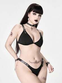 ROMWE Grunge Punk 女士暗黑街头朋克金属镂空三角杯丁字裤内衣套装，性感 - 黑色 - 查看 5