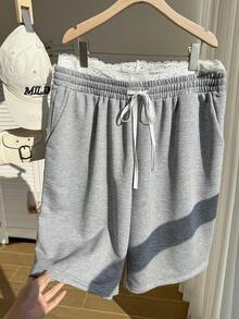 Comfortcana 大码女式撞色蕾丝休闲短裤，浅灰色，夏季 - 灰色 - 查看 6