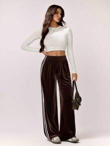 SHEIN Tall 阔腿侧条纹丝绒厚腰带低腰慢跑裤，秋冬春夏复古可爱乡村田园风返校休闲家居裤，女款奶油糖色，秋冬春夏，夏夏圣诞节 - 棕色 - 查看 5