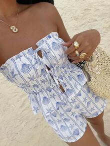 Sunnyshic Áo croptop không dây vai, hở trước, buộc dây phía sau, viền bèo nhún, chất liệu vải lanh in họa tiết sao biển và vỏ sò màu xanh dương, thích hợp cho nữ mùa xuân/hè, đi biển, phong cách boho, thanh lịch, ngọt ngào, tối giản, cổ điển, thường ngày, hẹn hò, đa năng. - Màu xanh lam - Xem 5