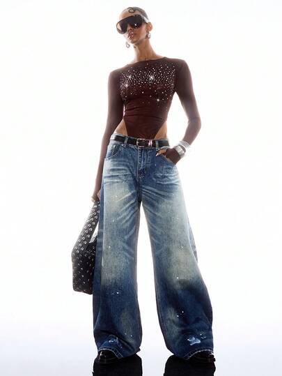 LYSMO Dambody med strassdekor och rund halsringning, långärmad