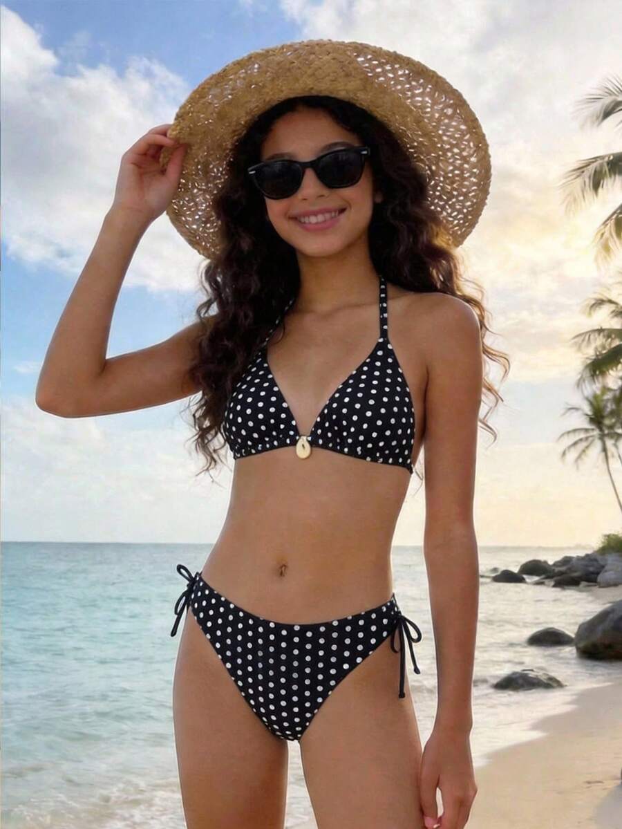 SHEIN 2026春夏少女度假黑白波点泳衣套装 - 黑與白 - 查看 1