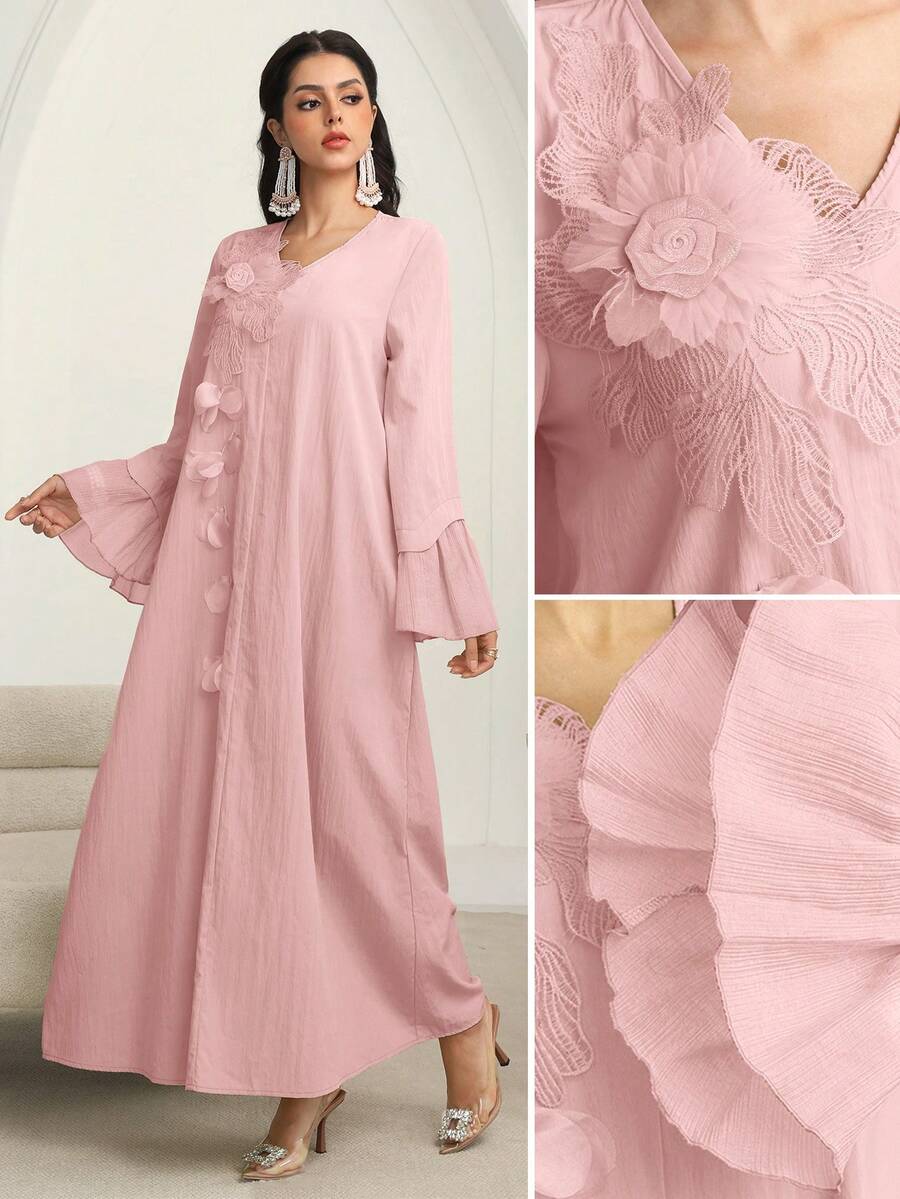 SHEIN Najma Đầm xòe dài tay dáng rộng, cổ chữ V, họa tiết hoa 3D, thanh lịch dành cho nữ. - Hồng - Xem 1