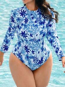 Swim Lushoire Plus Size Multi-Color Print Round Neck Zipper Back Long Sleeve Slim Fit Casual Beach/Surf Wear