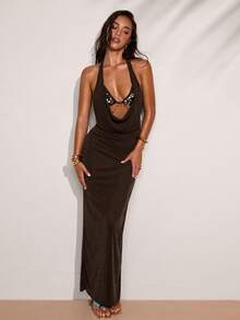 SHEIN BAE 女士性感深V露背吊带连衣裙，夏季款，这款棕色亮片二合一连衣裙非常适合浪漫约会、派对、正式聚会、生日礼服、海滩度假、海滩派对和日常出行。（夏季、春季、派对、海滩、度假、夏季度假装、假日）、夏季连衣裙 - 棕色 - 查看 7