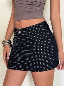 Aloruh Women's Fashion Street Style Rhinestone Embellished Mini Denim Skirt,Summer,Valentine's Day, - Black - View 5