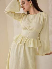 Veilorie 女士优雅纯色收腰喇叭袖上衣和半裙两件套，秋季 - 黃色 - 查看 8