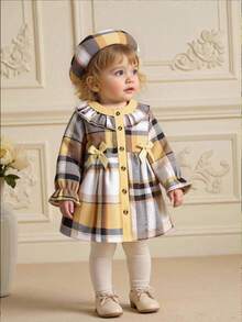 SHEIN Elladie kids Bộ váy và mũ màu hồng phối họa tiết kẻ caro, xếp bèo và nơ cho bé gái dịp Giáng sinh. - Nhiều màu - Xem 3