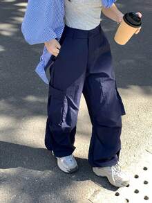 Livesso 女款戶外運動大口袋工裝褲，海軍藍休閒校園風，適合秋季度假 - 藏蓝色 - 查看 6