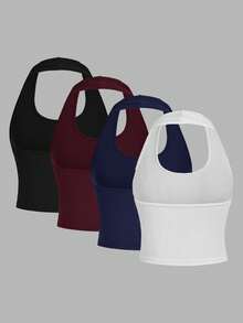 SHEIN EZwear Bộ 4 áo tank top ngắn cổ yếm ôm sát, kiểu dáng tối giản, thích hợp cho nữ mùa hè. - Nhiều màu - Xem 2