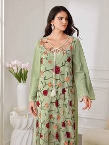Al Najma Women's Elegant Colorful Embroidered Arabic Style Maxi Tie-Waist Dress - Green - View 1