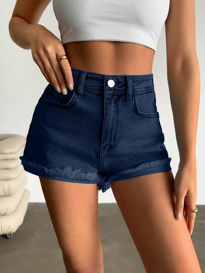 EURMUSE Summer Casual Washed High Waist Frayed Hem Denim Shorts