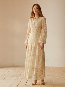 MOTF PREMIUM 女士交叉领全蕾丝印花长连衣裙 - 黃色 - 查看 5