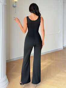 Rafferiza Bộ jumpsuit kiểu Pháp thanh lịch, màu đen trơn, cổ chữ V, chất liệu co giãn, thiết kế đa năng và thời trang, vải mềm mại, phù hợp cho nhiều dịp - hẹn hò/tiệc tùng/quán bar/dạo phố/Halloween/Ngày lễ tình nhân/Sinh nhật/Khách dự đám cưới/Trang phục trang trọng/Buổi hòa nhạc nhạc đồng quê - màu đen - Xem 2