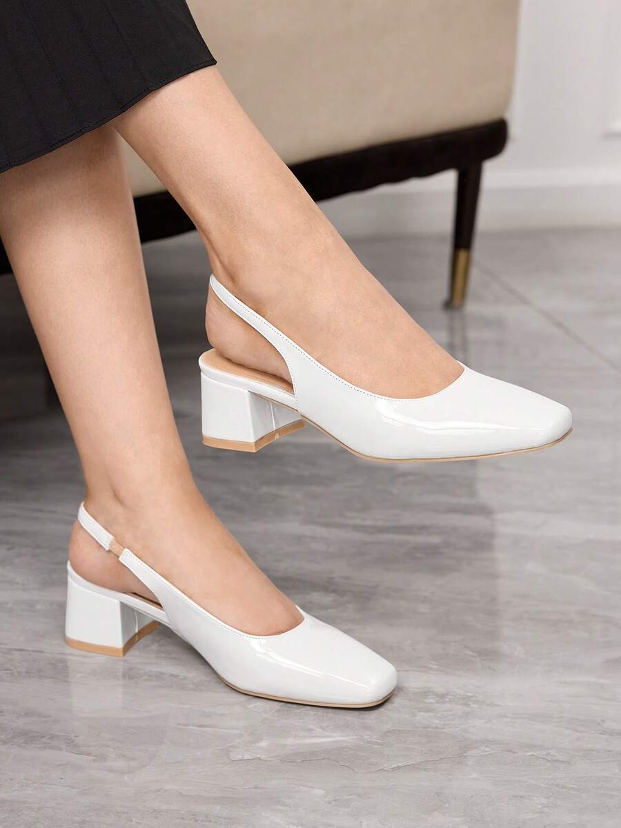 Sleekvia Giày nữ mũi vuông, gót thấp vừa phải, màu be, quai hậu, kiểu dáng cổ điển đơn giản, thời trang, thoải mái, phù hợp đi làm, đi mua sắm. Giày bệt nữ quai hậu, giày slingback, thích hợp cho ngày Valentine. - Màu trắng ngà voi - Xem 1