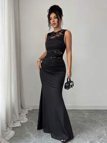 Rafferiza Vestido elegante y sexy de cola de pez con cuello redondo, parche de encaje y volantes en el bajo para mujeres - Negro - Ver 5