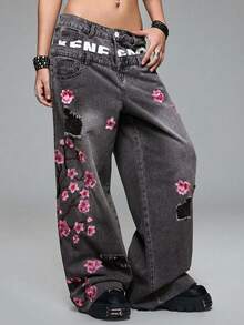 ROMWE Grunge Punk 街头风时尚樱花刺绣双腰带设计女式宽松牛仔裤 - 黑色 - 查看 4