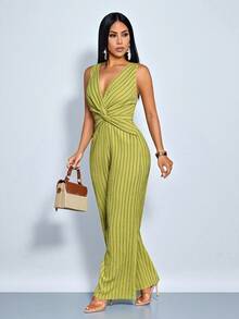 SOLERSUN Women's Spring/Summer Elegant Vacation Style Daily Wear Holiday Hawaii Casual Twist Knotted Deep V-Neck Striped Sleeveless Jumpsuit - Green - View 6
