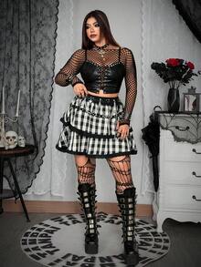 Whyspr Plus Size Black & White Plaid Ruffle Patchwork Studded A-Line Mini Skirt - Multicolor - View 5