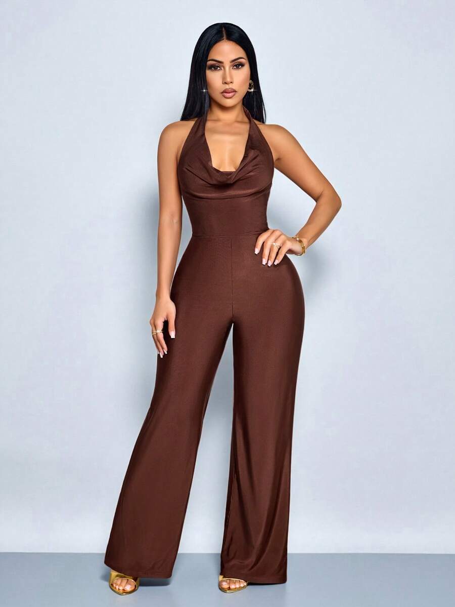 SOLERSUN 女士连体裤，性感优雅，适合通勤，简约设计，荷叶边领口，棕色针织面料，春夏女装，海滩度假，约会。 - 棕色 - 查看 1