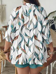 SHEIN VCAY 休闲复古树叶印花宽松加大码女式衬衫短裤两件套，适合夏季穿着 - 彩色 - 查看 3