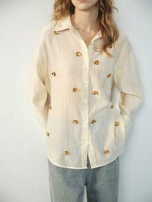 Maija 女士休闲亮片花朵装饰前扣长袖衬衫，秋季款 - 杏色 - 查看 8
