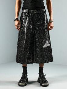 ROMWE MEN Street Life 男士PU纹理阔腿宽松休闲短裤 - 黑色 - 查看 4