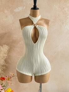 Soleia Bộ áo liền quần mùa hè gợi cảm dành cho nữ, kiểu dáng đi biển, màu trơn, chất liệu vải có họa tiết, khoét ngực, hở lưng, buộc dây phía trước (không bao gồm dây thắt eo). - trắng - Xem 3