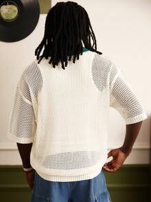 Manfinity Roghcode 男士休闲撞色数字镂空针织上衣，夏季 - 綠色 - 查看 2