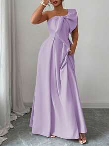 Elenzga 大码女士不对称肩部优雅浪漫派对连衣裙，配有加大码蝴蝶结腰带A字裙摆，适合派对、婚礼宾客、伴娘、秋冬季穿着。 - 紫色 - 查看 4