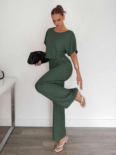 Siren Gaze 2 piezas Conjunto casual de mujer con camisa y pantalones plisados de unicolor