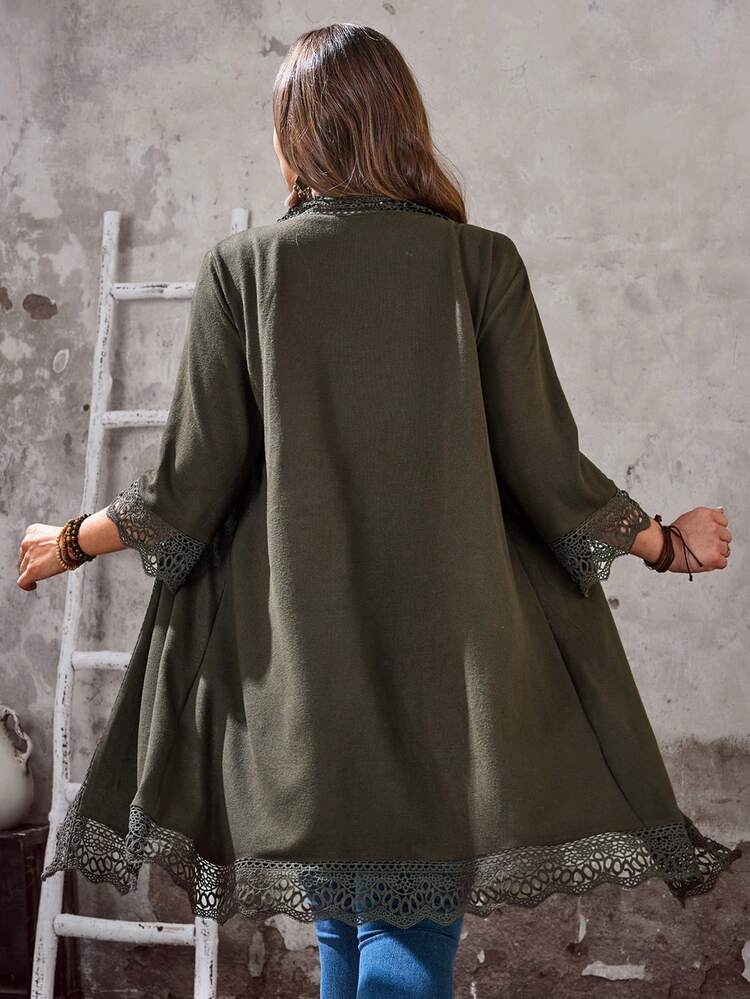 Plus Size Casual Patchwork Lace Front Open Cardigan,Summer/Spring/Vacation Country Style For Women Summer Holiday Outfits Spring Break Outfits Boho Kimono Summer Cardigan Plus Size