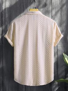 Manfinity Homme Men's Summer Casual Vacation Solid Color Textured Front Button Short Sleeve Shirt Cream Button Up Men Men's Shirt - Baby Pink - View 2