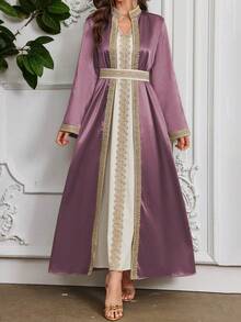 Al Najma 女士水溶性蕾丝拼接连衣裙，带外套，穆斯林时尚长袍，适合休闲/节日/聚会/旅行 - 紫色 - 查看 6