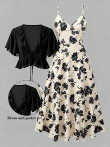 GlowEve CURVE 2pcs/Set Plus Size Black Short Sleeve Top + Floral Print V-Neck Ruffle Trim Vest - Multicolor - View 1