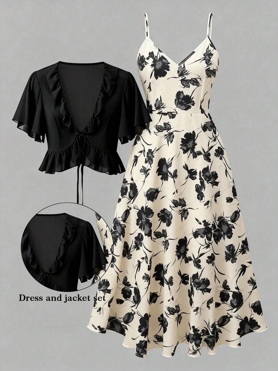 GlowEve CURVE 2pcs/Set Plus Size Black Short Sleeve Top + Floral Print V-Neck Ruffle Trim Vest - Multicolor - View 1