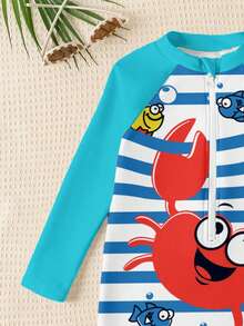 SHEIN Young Boy Casual Slim Fit Round Neck Long Sleeve One-Piece Swimsuit, Suitable For Summer - Multicolor - View 5