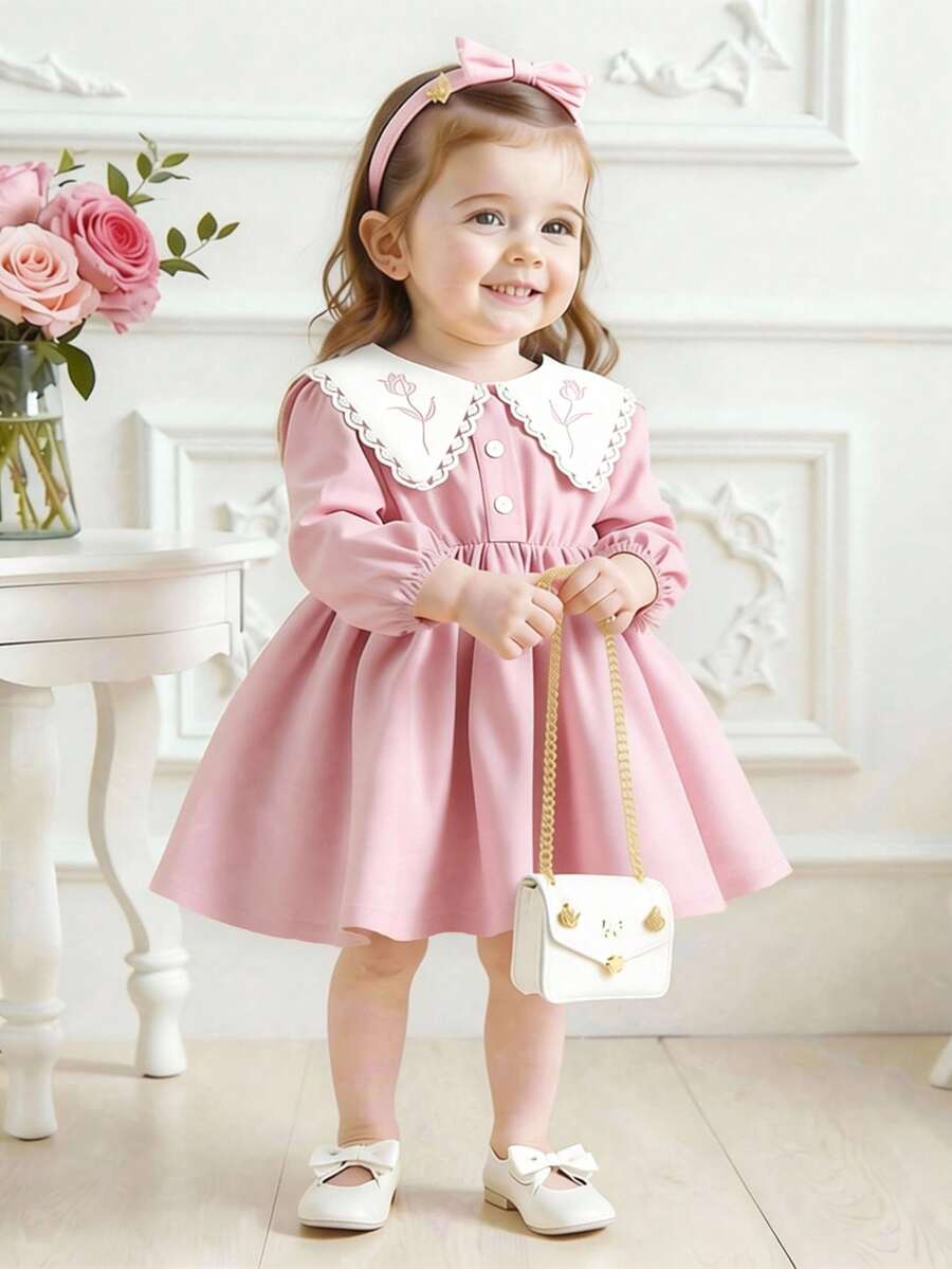 Souflis Souflis 女婴甜美优雅简约公主裙,粉紫色花卉刺绣,白色撞色彼得潘领长袖连衣裙,3个月-3岁,适合春、夏、秋季外出、聚会和日常穿着 - 粉色 - 查看 1