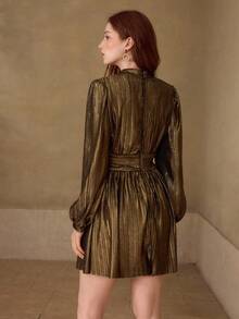 MOTF PREMIUM FASHIONABLE METALLIC GLITTER PLEATED TEXTURE LANTERN SLEEVE RUCHED MINI DRESS - Gold - View 4