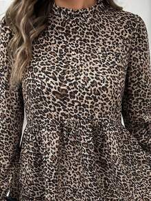 SHEIN LUNE 女士休闲豹纹荷叶边长袖衬衫 - 卡其色 - 查看 8