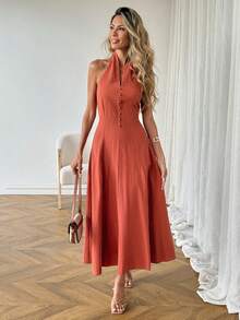 SHEIN LUNE 女士休闲纯色无袖长连衣裙，适合春夏度假、日常通勤和时尚穿着。 - 紅木色 - 查看 6