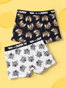 TOM & JERRY X SHEIN 2pcs/Set Young Boy Cartoon Allover Print Contrast Letter Tape Waist Comfortable Boxer Briefs - Black and White - View 2