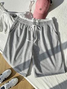 Comfortcana 大码女式撞色蕾丝休闲短裤，浅灰色，夏季 - 灰色 - 查看 3